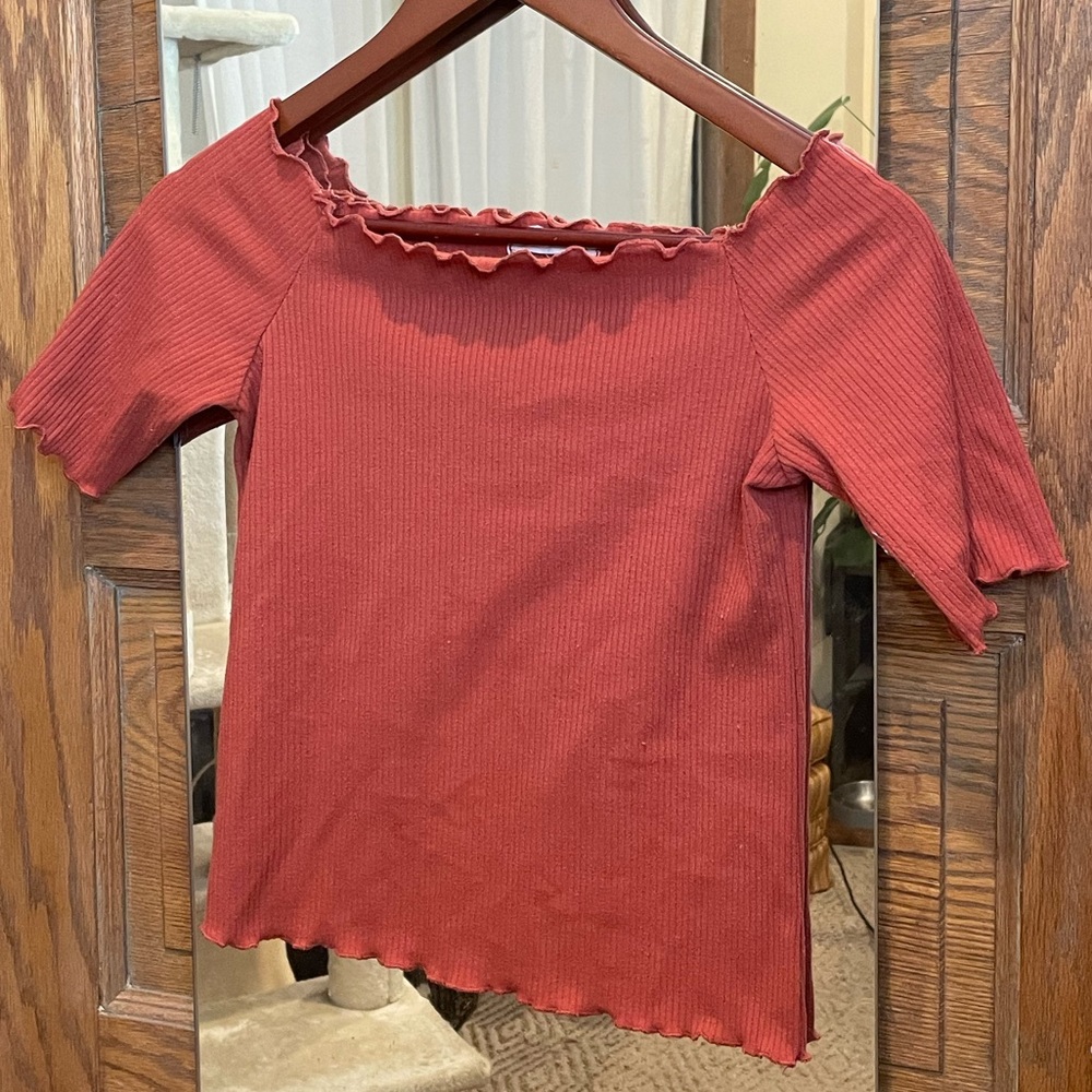 Orange ribbed off the shoulder crop top